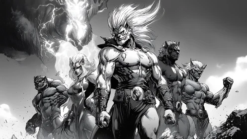 Storm-born heroes gather beneath a crackling thunder sky.