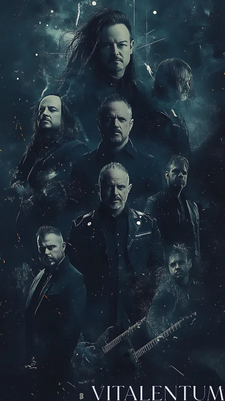 Metal band portrait in layered cinematic teal smoke composition.