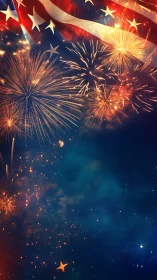 Fireworks crown a drifting flag in a glowing night sky