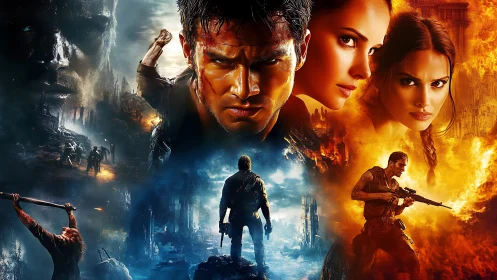 Fierce heroes crossing fire and ruins in a bold showdown.