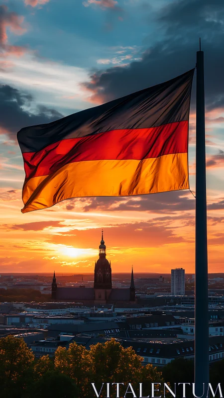 German flag in dynamic sunset backlight over urban skyline