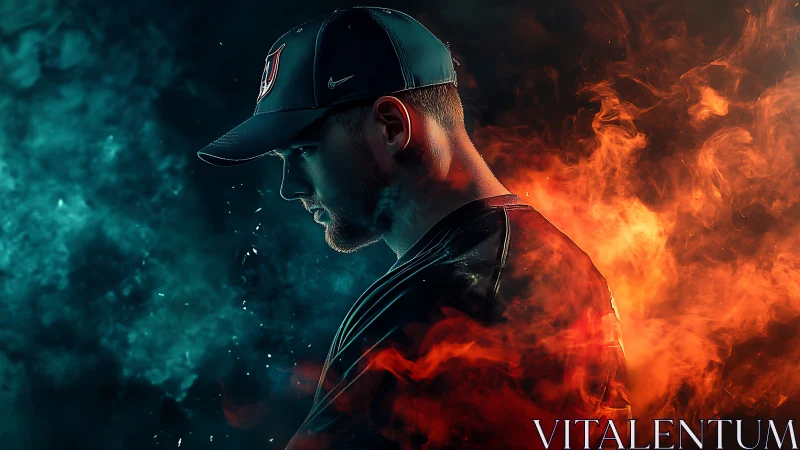 Baseball player in dramatic teal and orange fire clash.