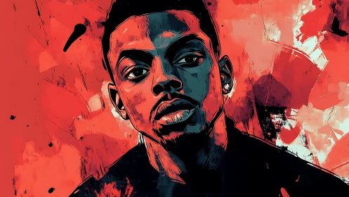 Bold digital portrait against vivid red abstract backdrop.