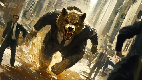 Wolf-headed businessman charging through city street.