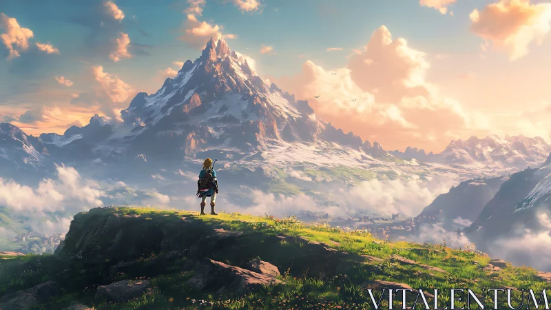 Digital painting panorama with lone hero and alpine massif.