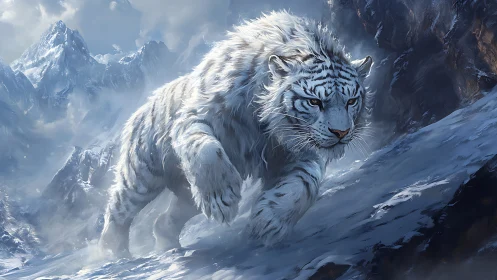 Stormstride snow tiger stalking through high winter peaks.