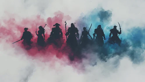 Silhouetted warriors in red and blue atmospheric mist.