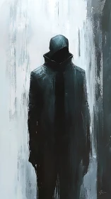 Hooded dark figure silhouette in vertical abstract space.