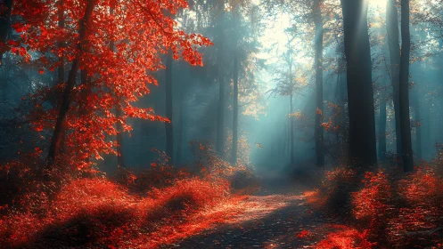 Crimson Pathway Through Misty Autumn Forest Landscape.