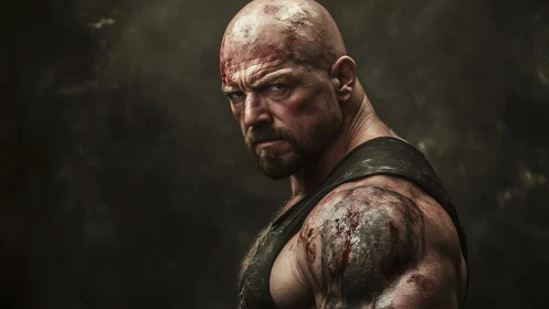 Bald muscular man with bloodied skin stands in profile view