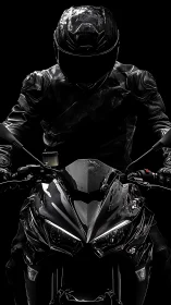 Motorcyclist in black gear on sport bike against dark field.