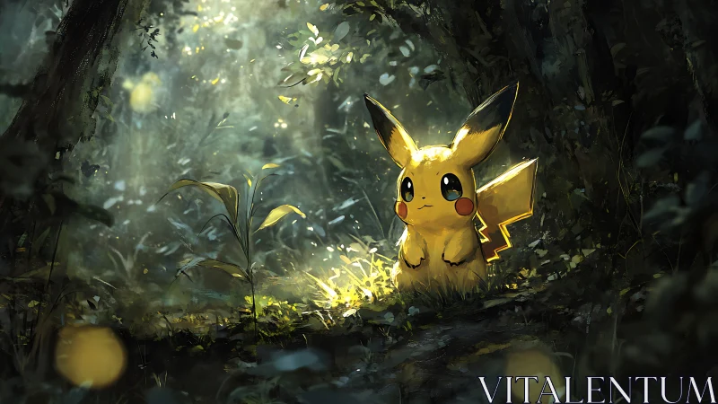 Electric creature resting in dappled forest light clearing