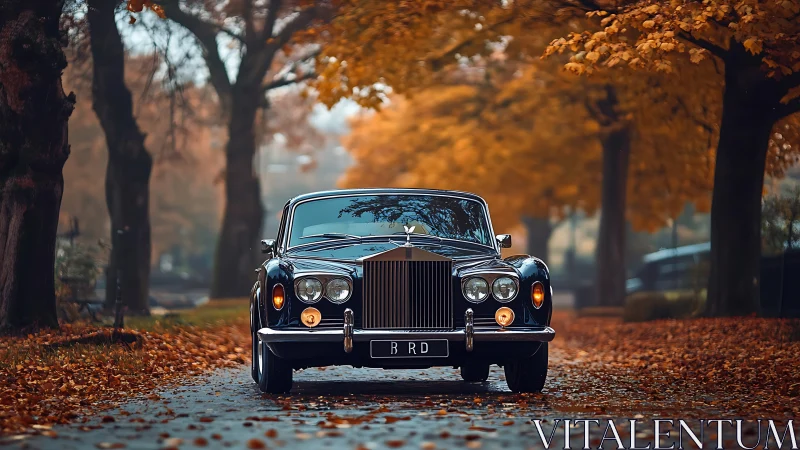 Autumn boulevard crowns a regal vintage Rolls-Royce.