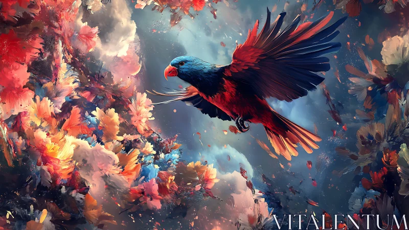 Vibrant parrot in flight among colorful abstract flowers, digital art.