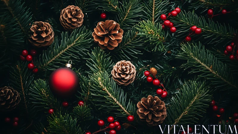Pine branches, cones and matte bauble form festive flatlay composition