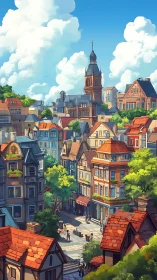 Sunlit European town plaza with mid-rise gabled roofs