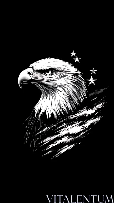 Eagle head illustration with stars on stark black ground.