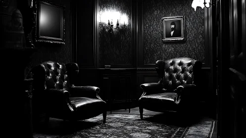 Dark leather lounge chairs under single sconce in noir parlor