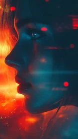 Cyberpunk profile portrait with neon bokeh and dual lighting.
