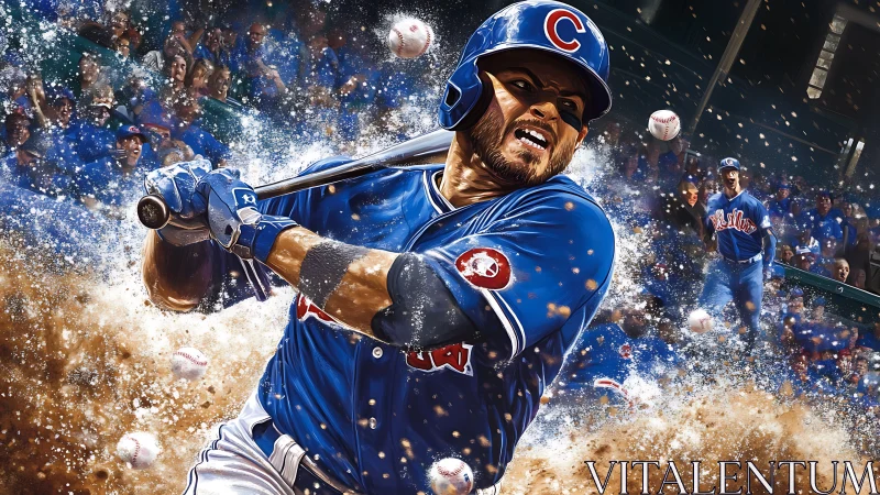 Powerful Cubs batter swings through exploding infield dirt.