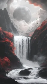 Dramatic alien waterfall beneath looming gray planet.