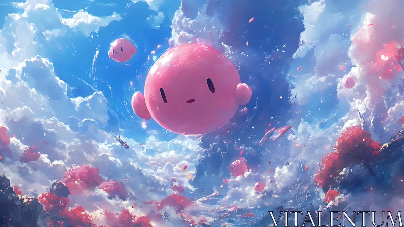 Surreal sky of floating pink orbs in luminous cloudscape.