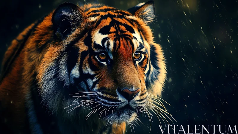 Majestic tiger portrait under rain with dramatic lighting.