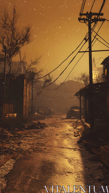 Deserted city alley glows under eerie amber fallout light.