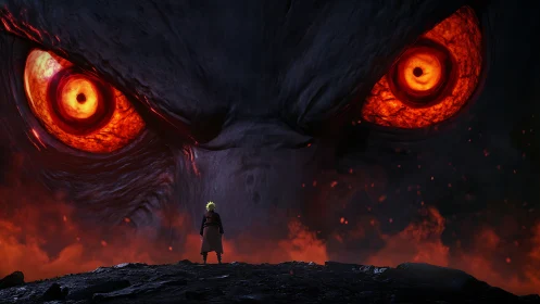 Warrior confronts colossal fiery-eyed beast over lava ridge