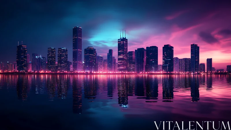 Neon towers hum softly while twilight paints the harbor