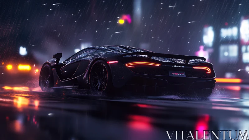 Black supercar on wet neon city street at night in rain.