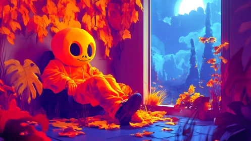 Surreal pumpkin-headed figure in neon autumn interior scene
