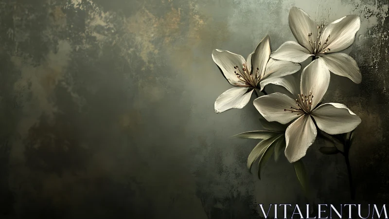White lilies bloom against a moody, weathered wall background