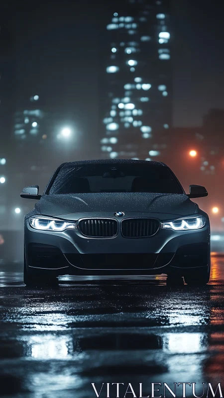 BMW sedan cuts through neon city rain with sharp LED glare.