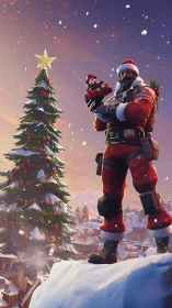 Armored Santa character overlooking snowy village at dusk