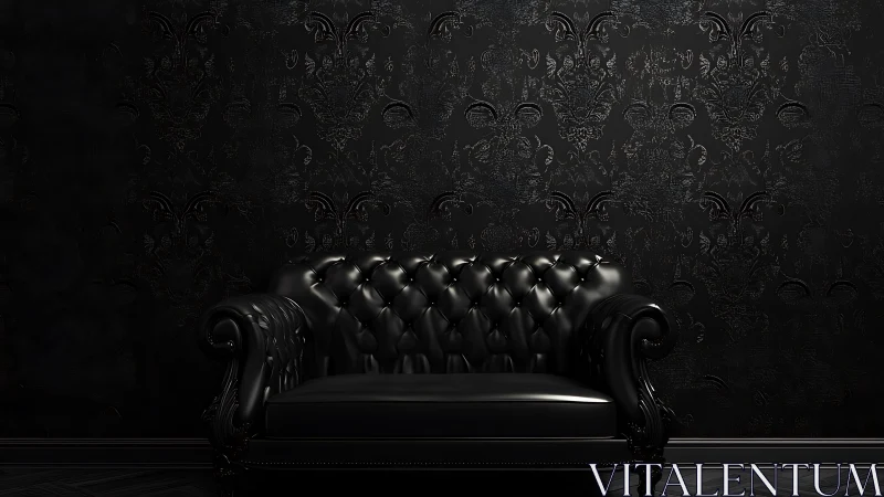 Black leather Chesterfield sofa against embossed damask wall.