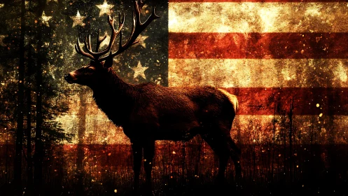 Stag silhouette before distressed United States flag background.