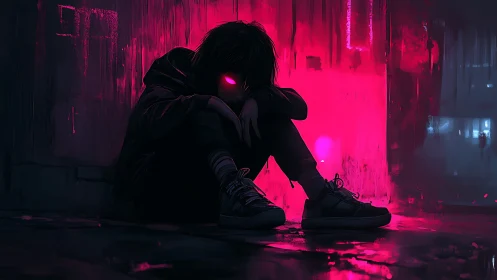 Hooded loner with neon eyes crouches in drenched alleyway