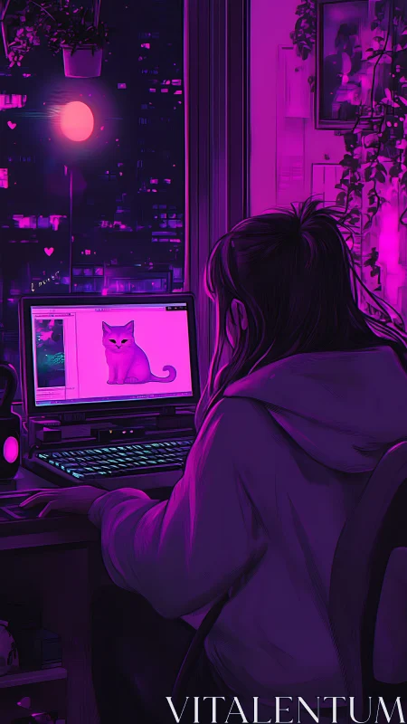 Artist at neon-lit workstation edits cat graphic under magenta glow