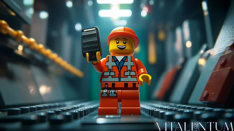 Photorealistic LEGO worker in cinematic corridor lighting.