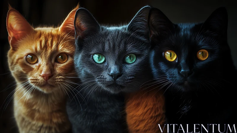 Three Cats with Luminous Eyes Against Dark Background