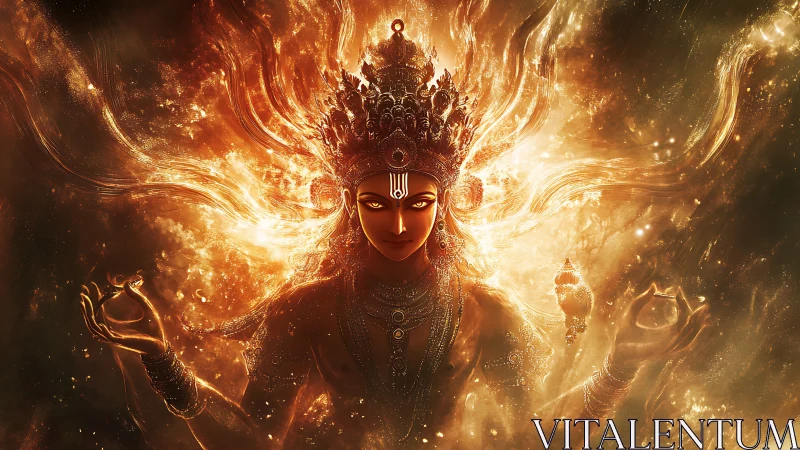 Fiery divine figure with ornate crown in radiant light field.