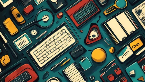 Retro Workspace Flat Lay with Vintage Electronics and Office Supplies Arranged Artfully