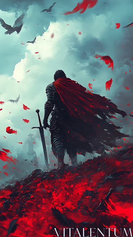 Lone armored warrior gazing across a stormy crimson battlefield.