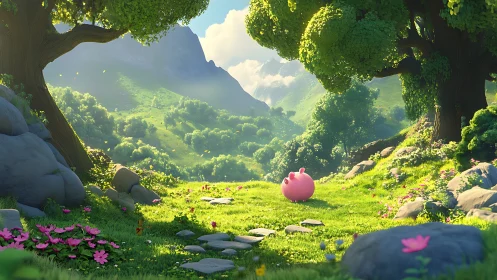 Pink spherical creature in stylized valley clearing landscape.