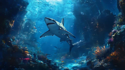 Shark swims above submerged ruins within dense coral reef