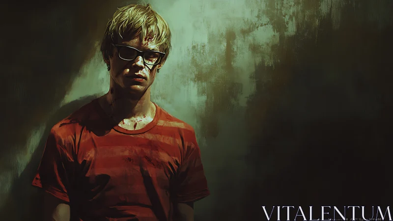 Bloodstained youth in striped shirt under harsh directional light