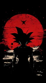 Silhouetted warrior figure before red sun symbol.