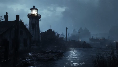 Stormlit lighthouse guards deserted harbor under heavy rain