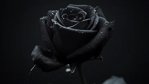 Single black rose rendered in high-contrast photoreal detail